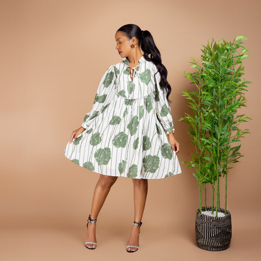 Guacamole Green Floral Striped Puff Sleeve Dress