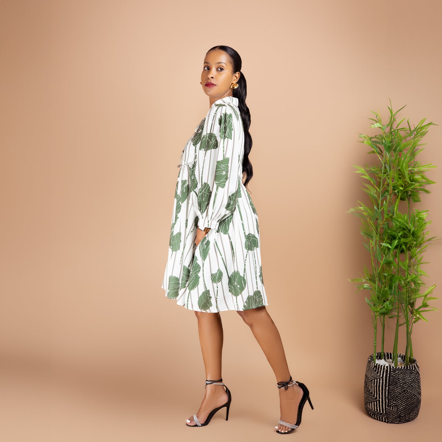 Guacamole Green Floral Striped Puff Sleeve Dress