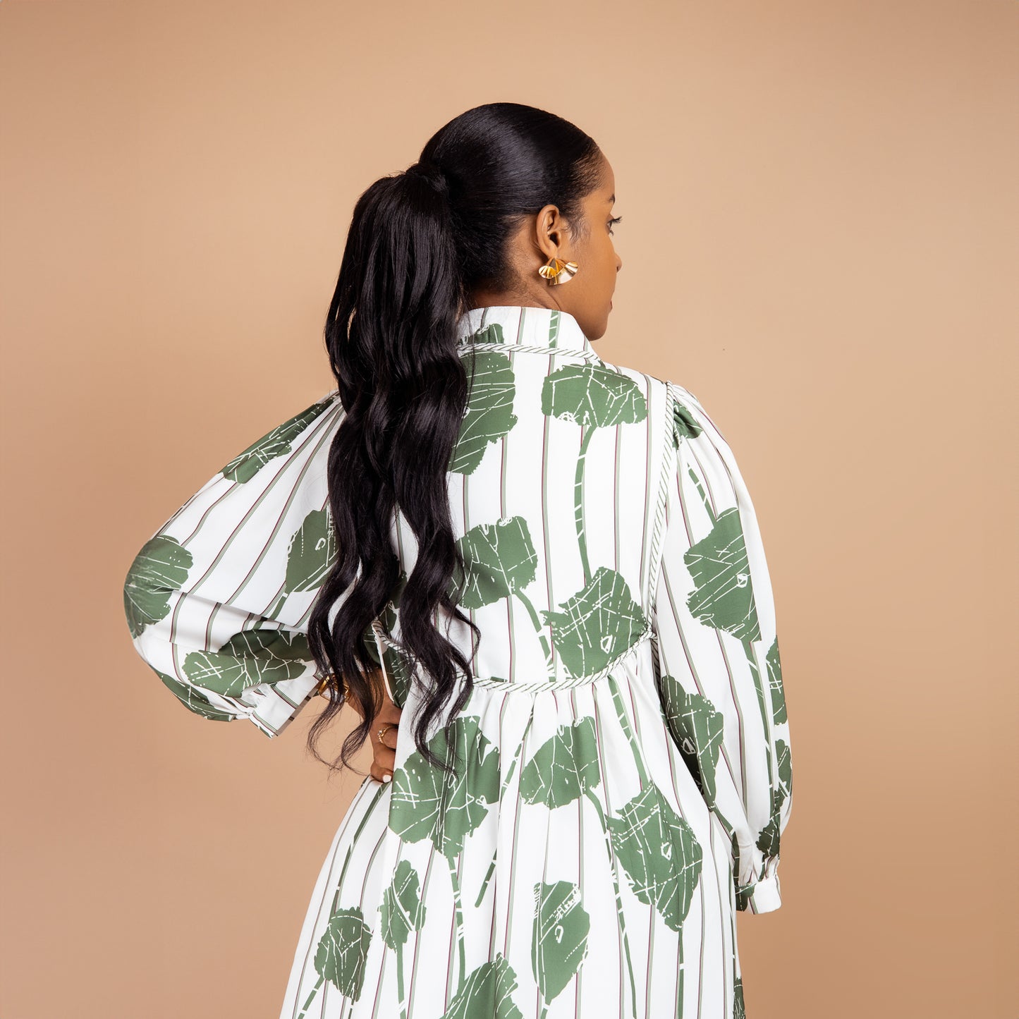 Guacamole Green Floral Striped Puff Sleeve Dress