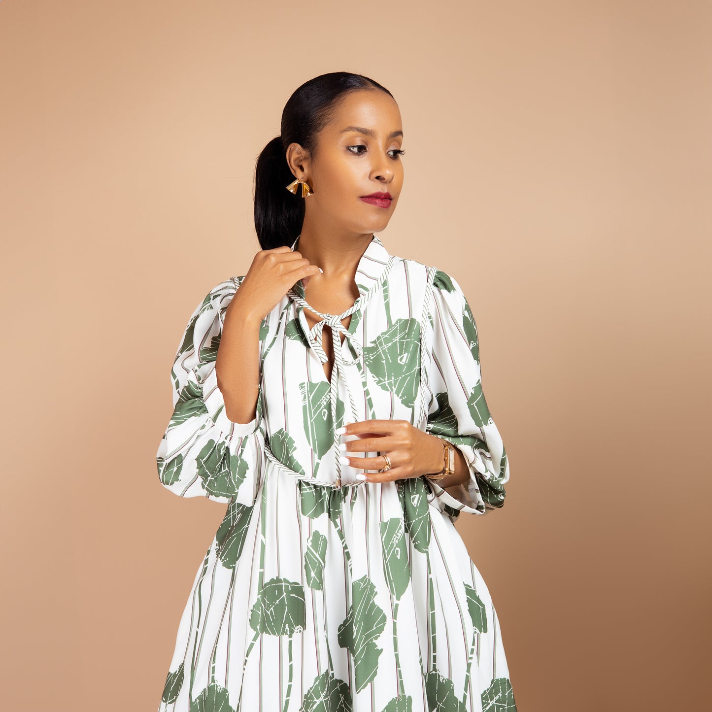 Guacamole Green Floral Striped Puff Sleeve Dress