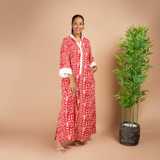 Lightweight Red Tribal Maxi Dress with Contrast Trim