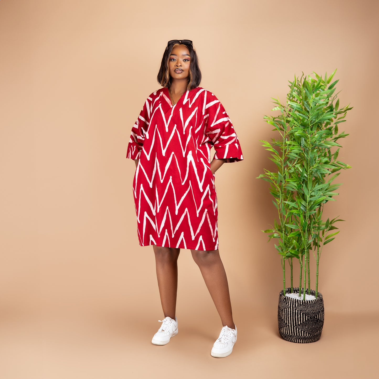 Short Kaftan - Red Zigzag Print
