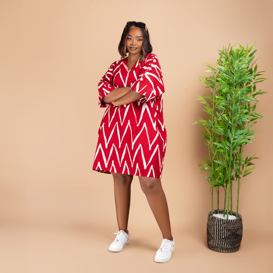 Short Kaftan - Red Zigzag Print