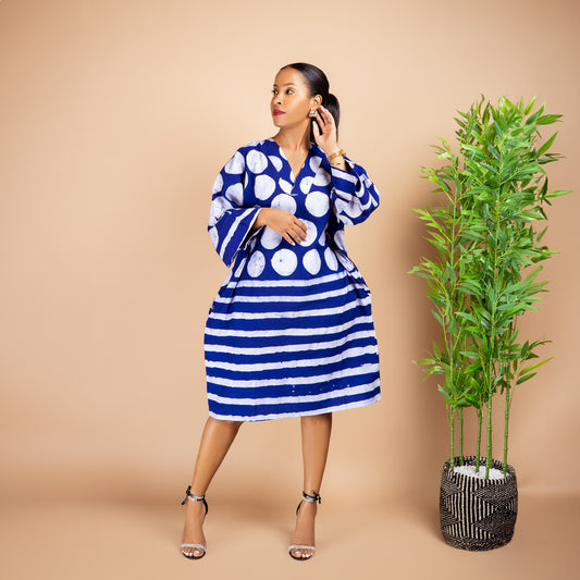 Short Kaftan - Blue Dots & Lines