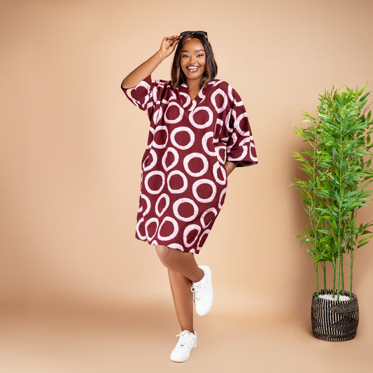 Short Kaftan - Maroon Circle Print