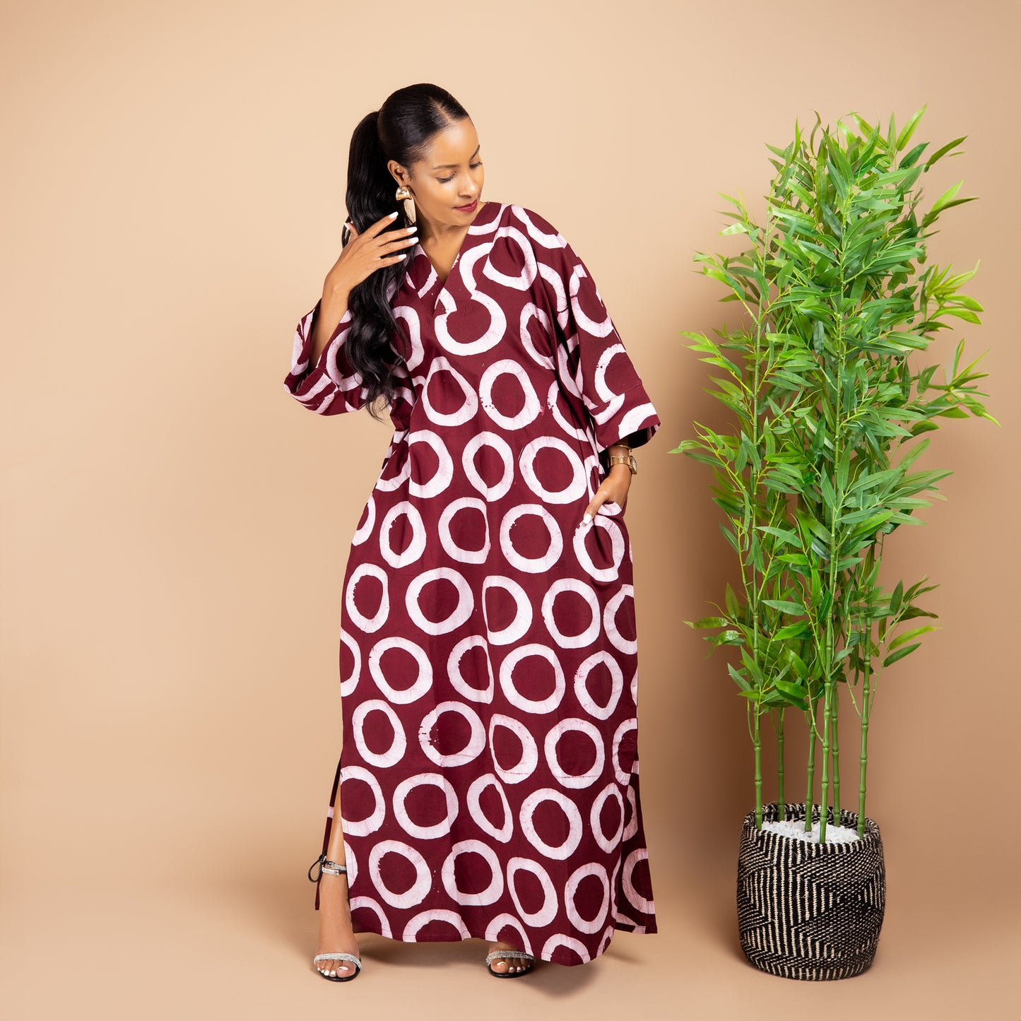 Maxi Kaftan - Maroon Circle Print