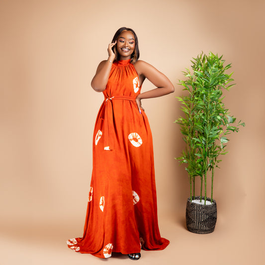 Sleeveless Halterneck Flowy Dress - Orange Tie-Dye