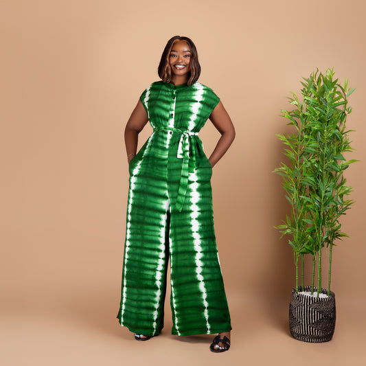 Viscose Buttoned Wide Leg Jumpsuit - Green Tie-Dye