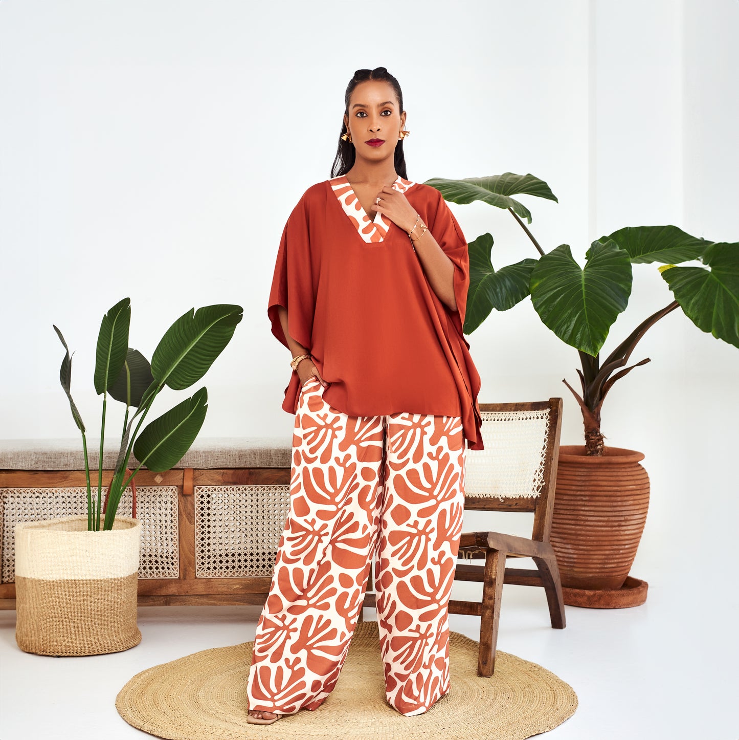 Nia Burnt Orange Two-Piece Set with Contrast Trim