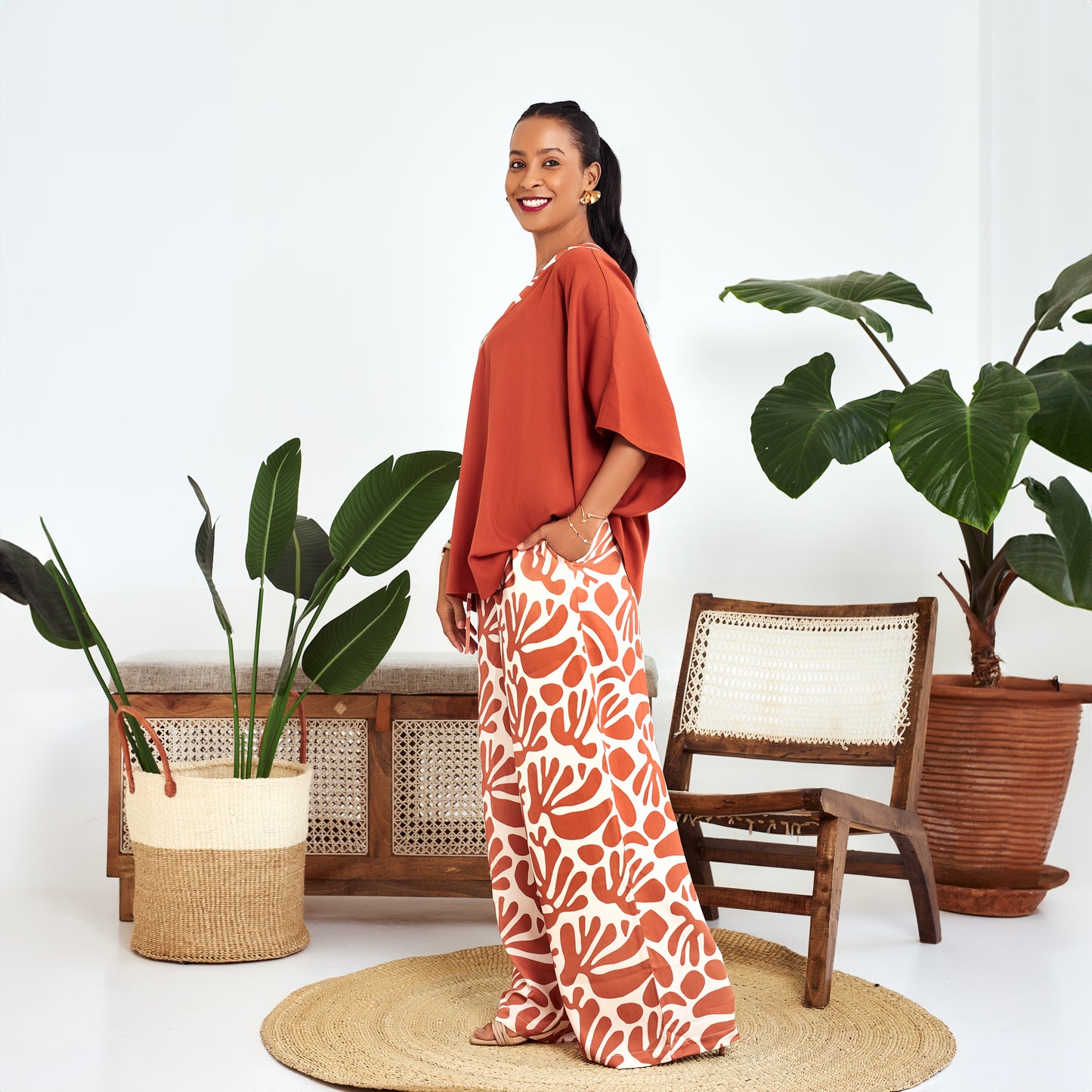 Nia Burnt Orange Two-Piece Set with Contrast Trim