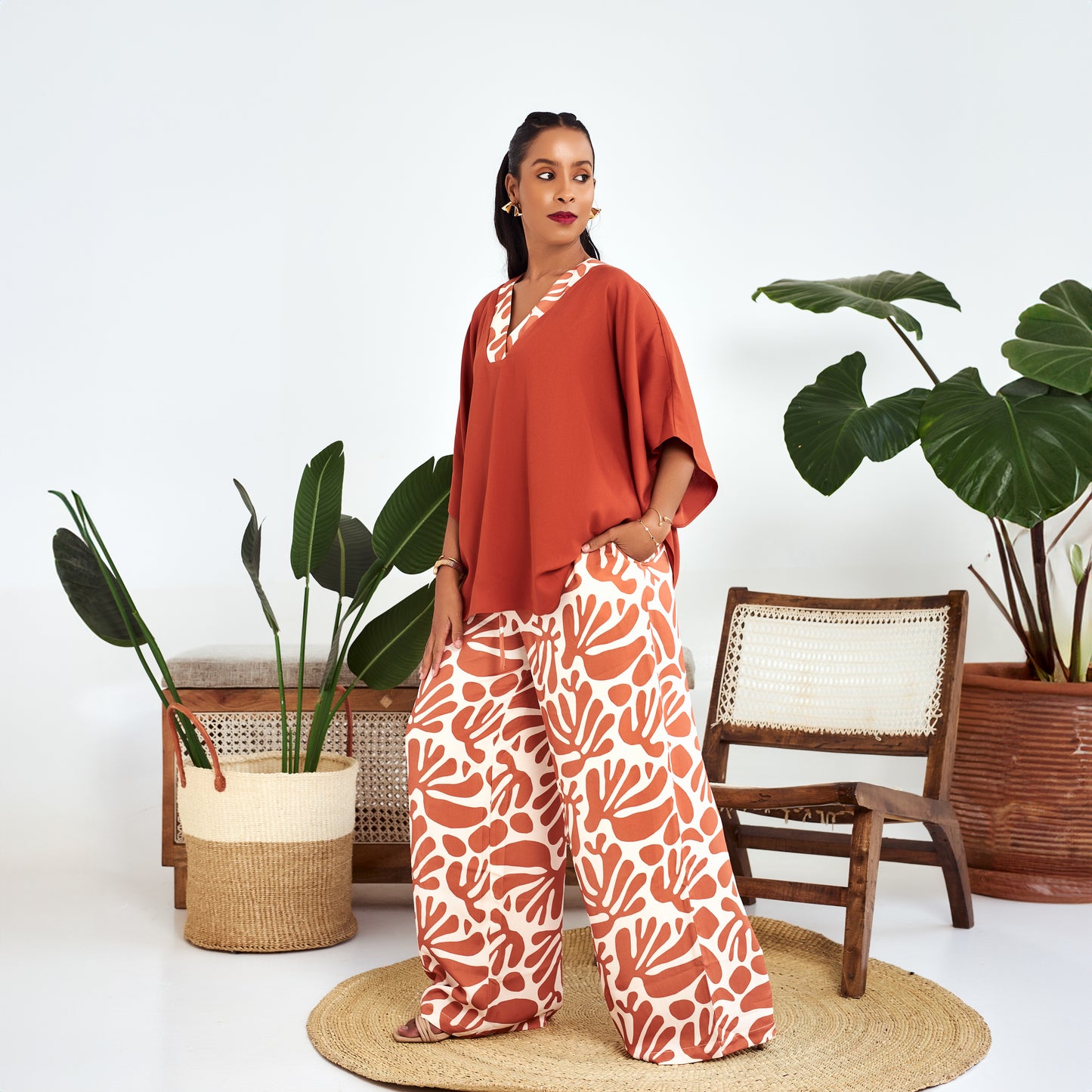 Nia Burnt Orange Two-Piece Set with Contrast Trim