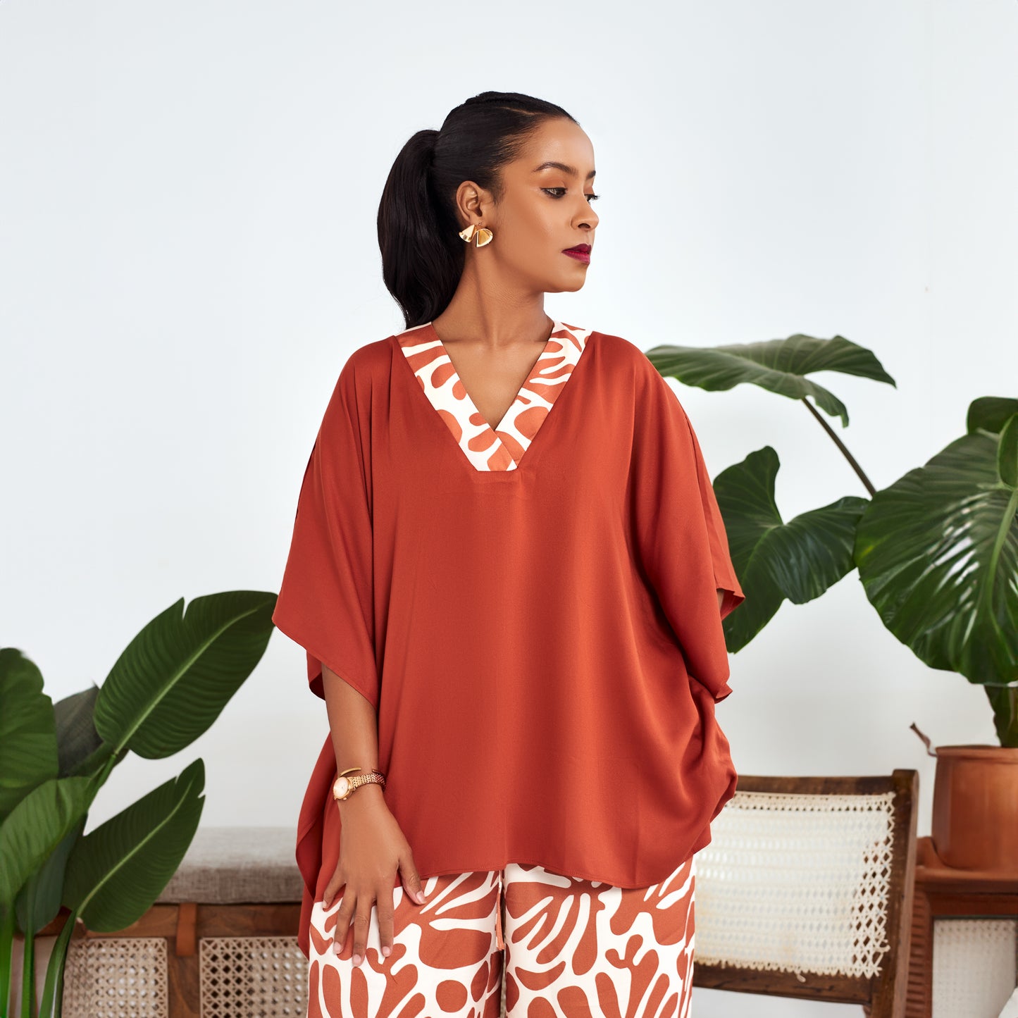 Nia Burnt Orange Two-Piece Set with Contrast Trim