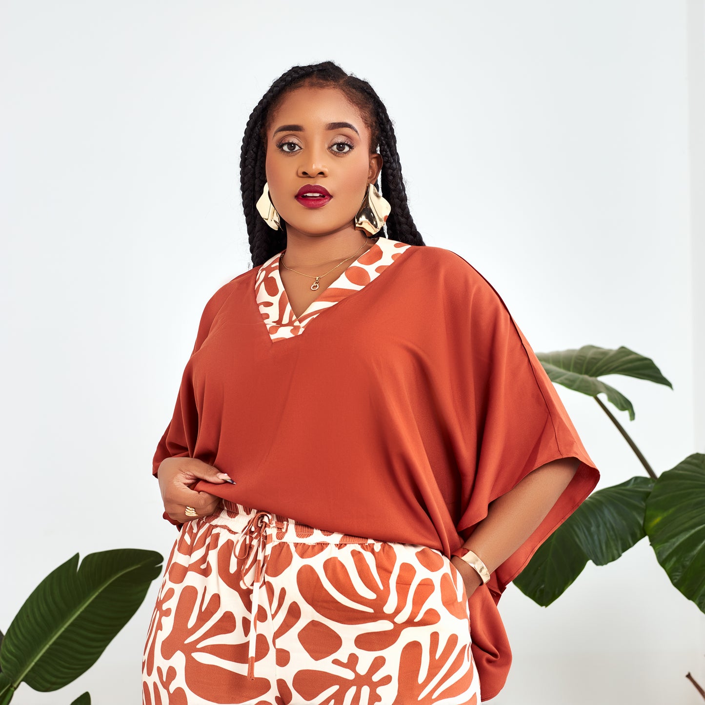 Nia Burnt Orange Two-Piece Set with Contrast Trim