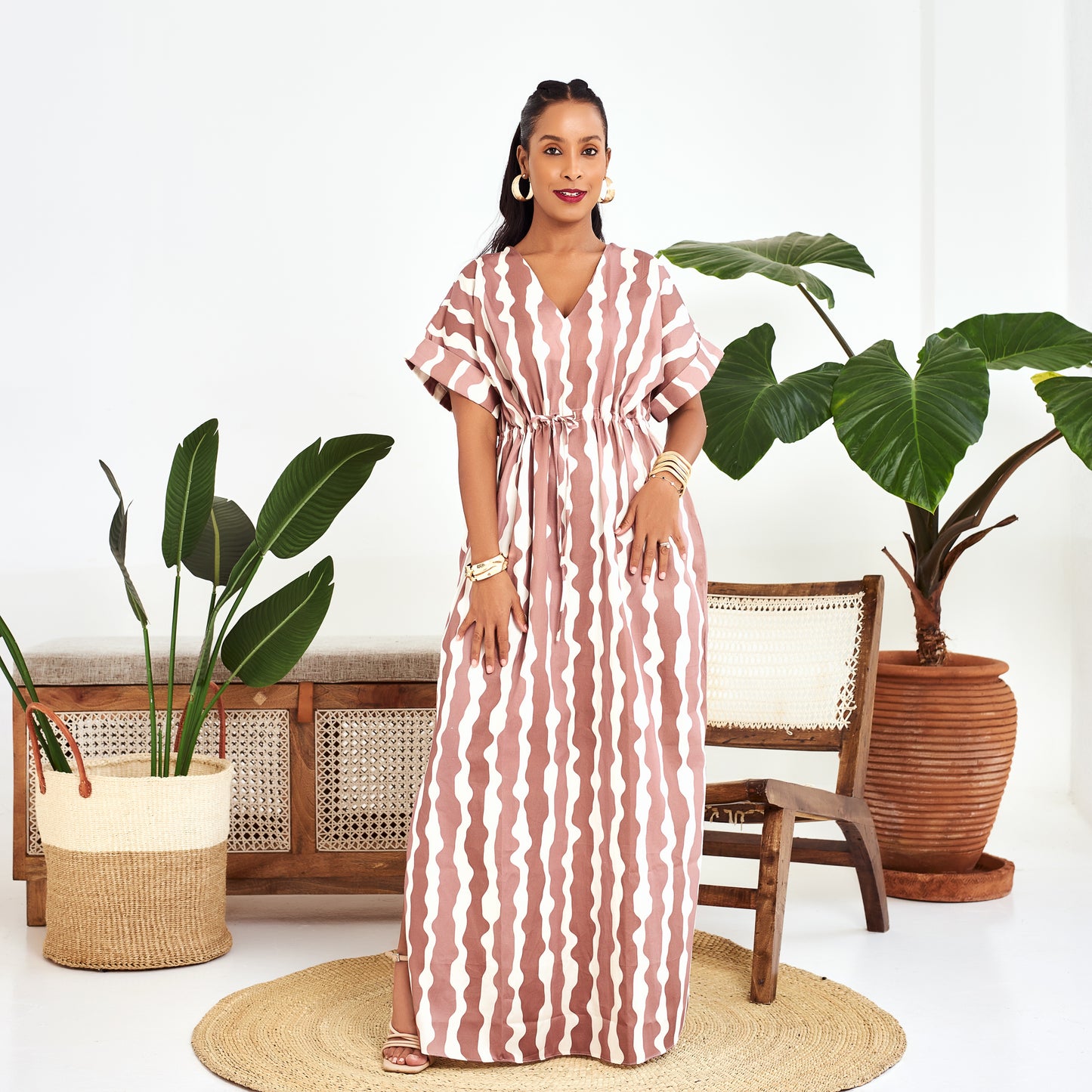 Nia Striped Drawstring Maxi Dress - Brown