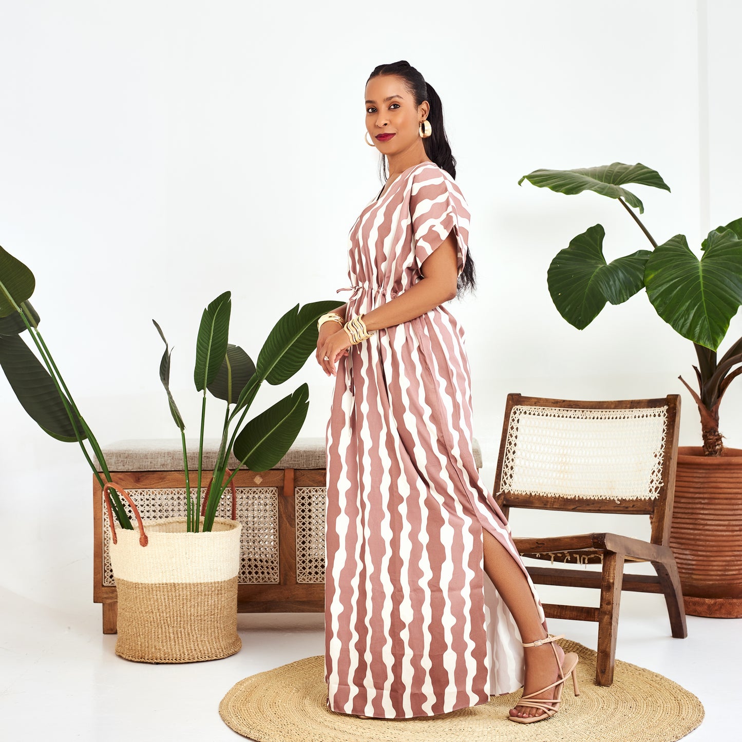 Nia Striped Drawstring Maxi Dress - Brown