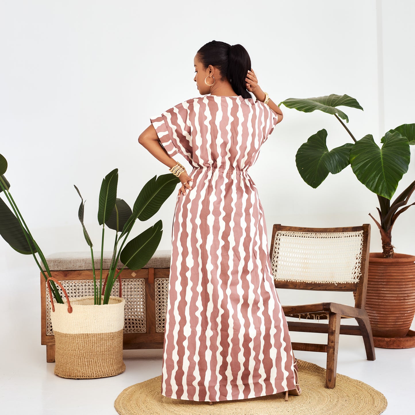 Nia Striped Drawstring Maxi Dress - Brown