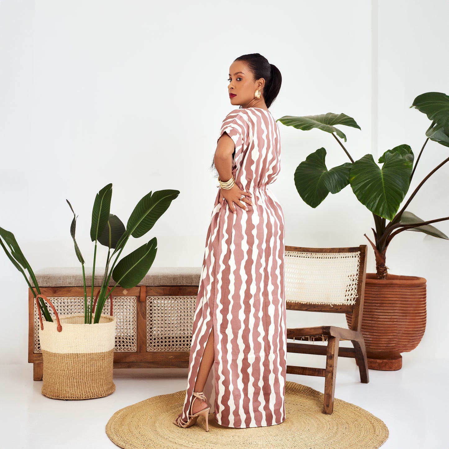 Nia Striped Drawstring Maxi Dress - Brown