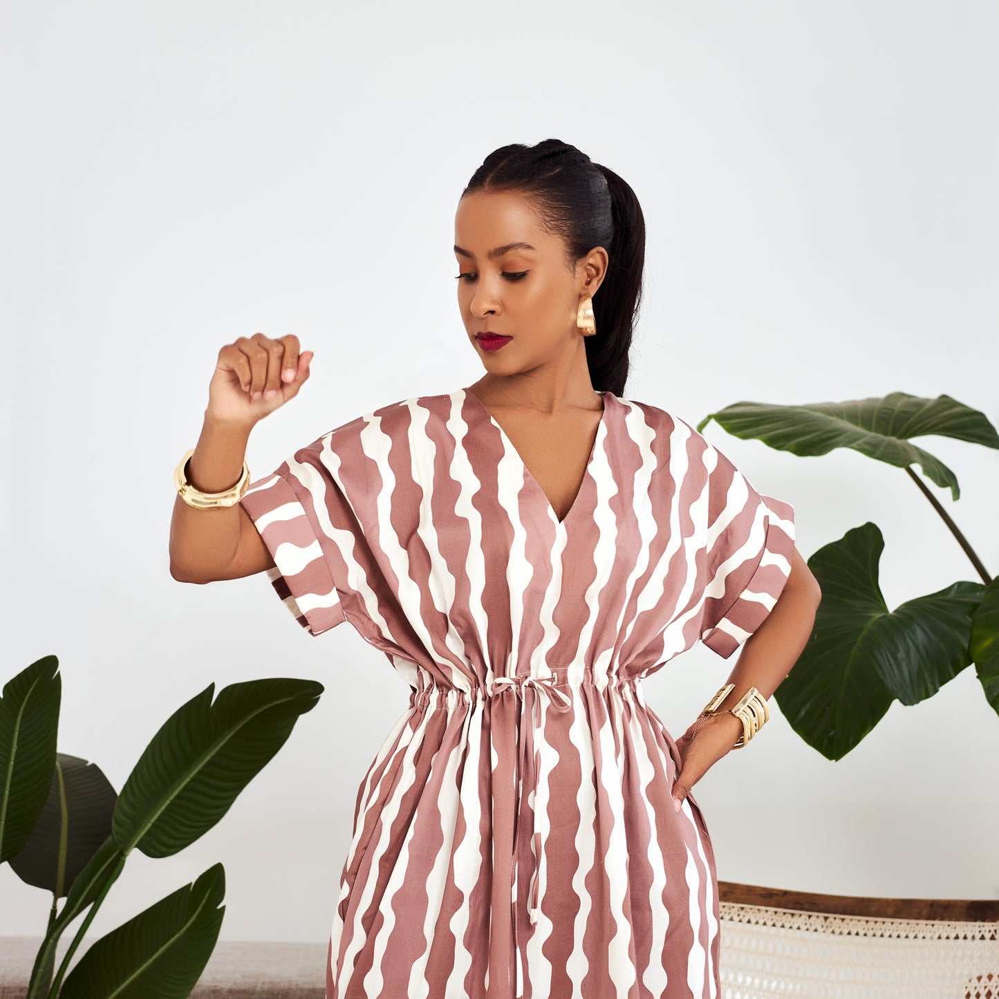 Nia Striped Drawstring Maxi Dress - Brown