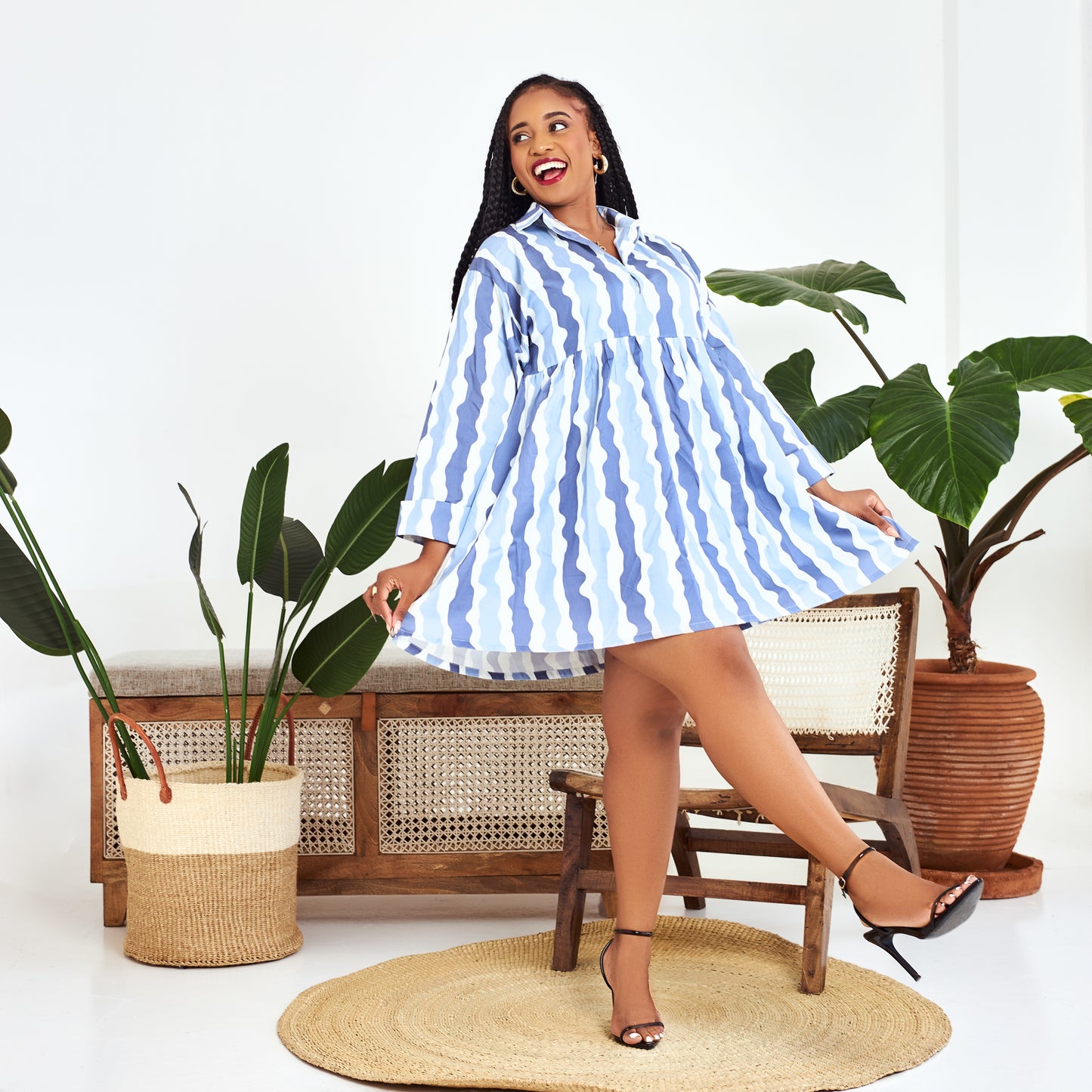 Nia Blue Striped Babydoll Shirt Dress