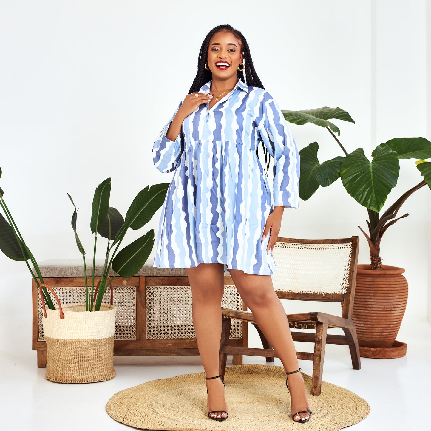 Nia Blue Striped Babydoll Shirt Dress