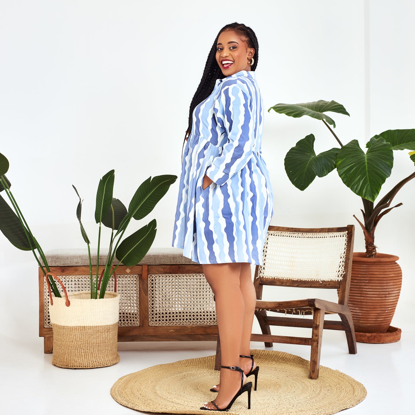 Nia Blue Striped Babydoll Shirt Dress