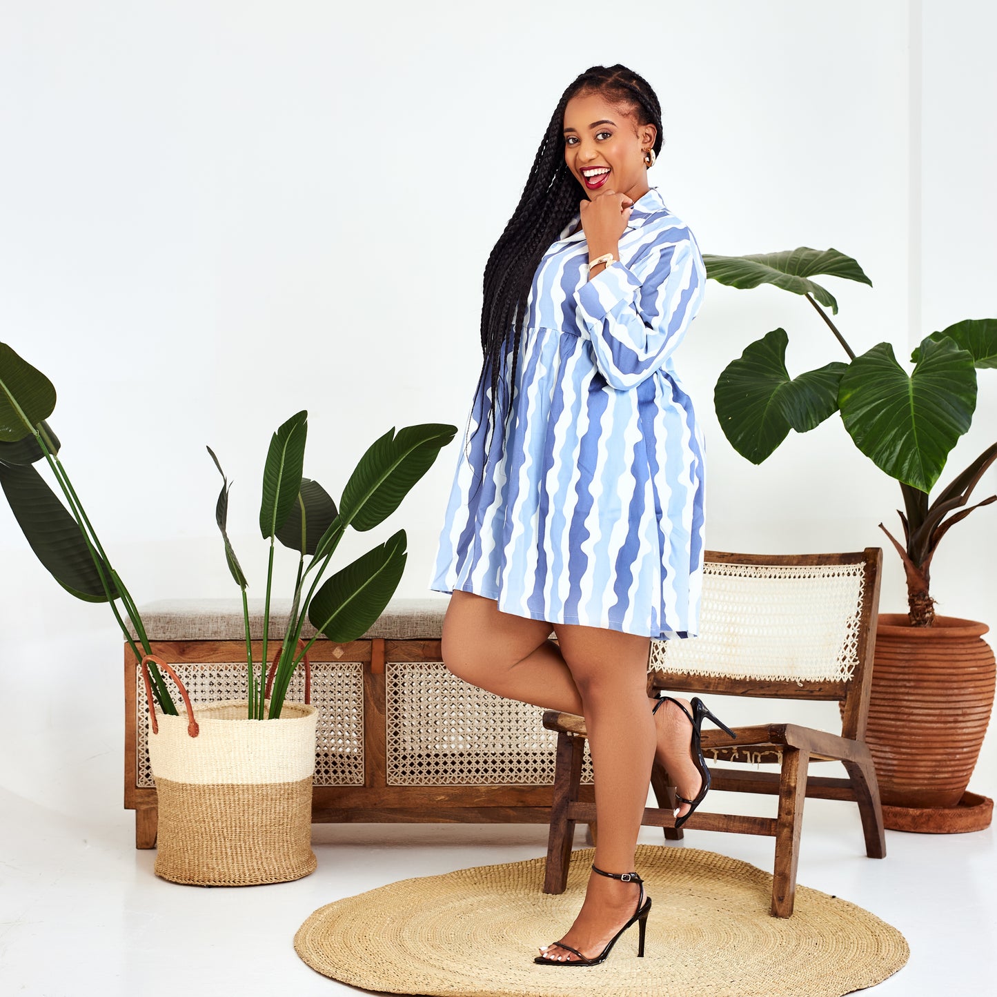 Nia Blue Striped Babydoll Shirt Dress