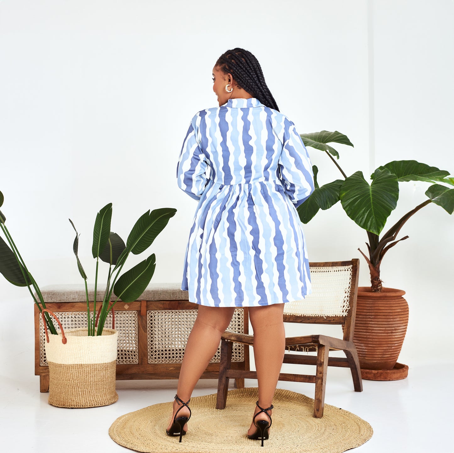 Nia Blue Striped Babydoll Shirt Dress