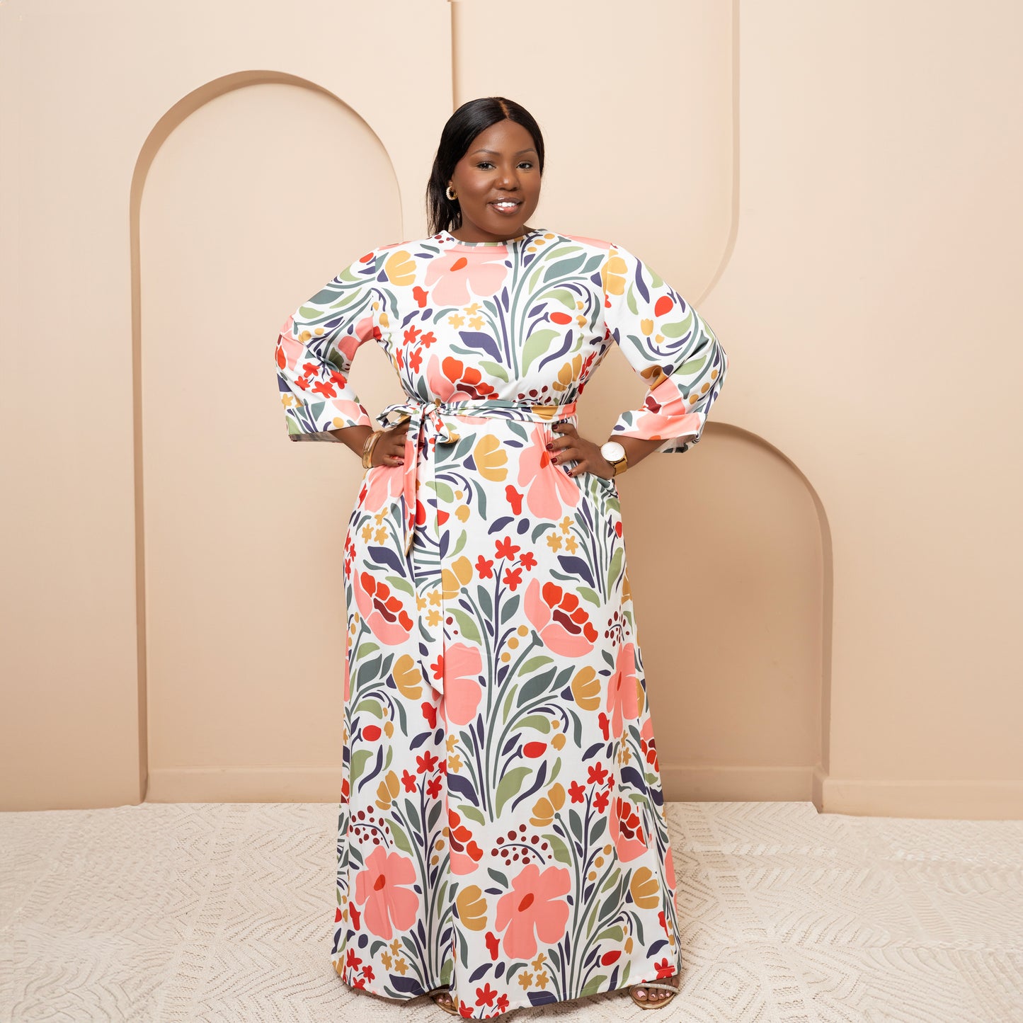 Nia Round Neck Belted Maxi Dress - Petal Bloom