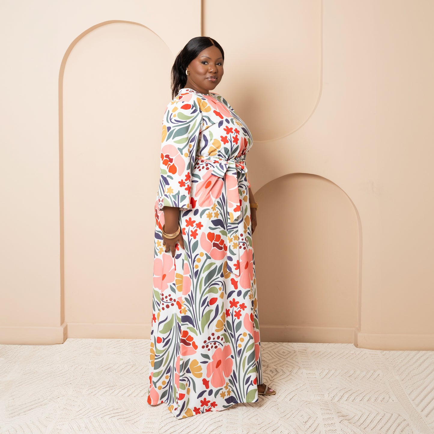 Nia Round Neck Belted Maxi Dress - Petal Bloom