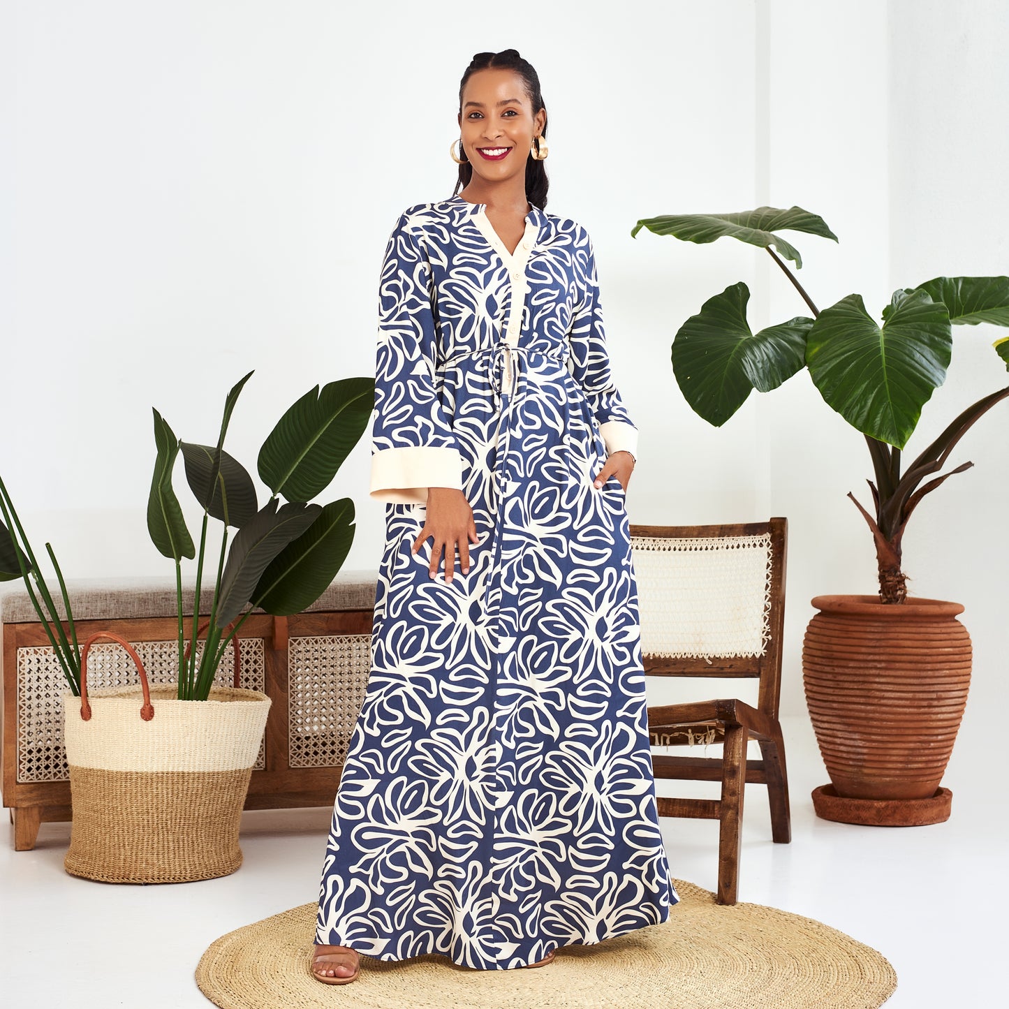 Nia Blue Floral Maxi Dress with Contrast Trim