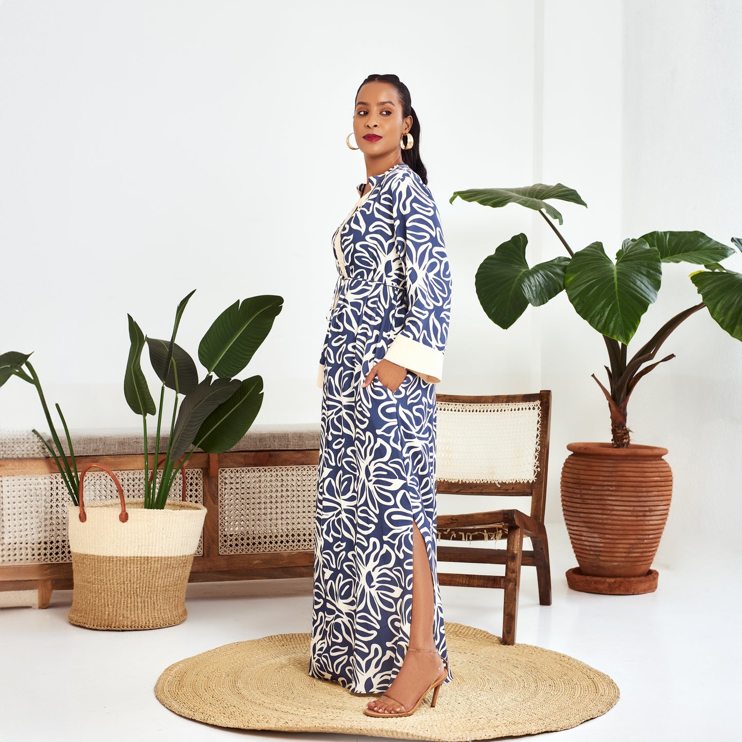 Nia Blue Floral Maxi Dress with Contrast Trim