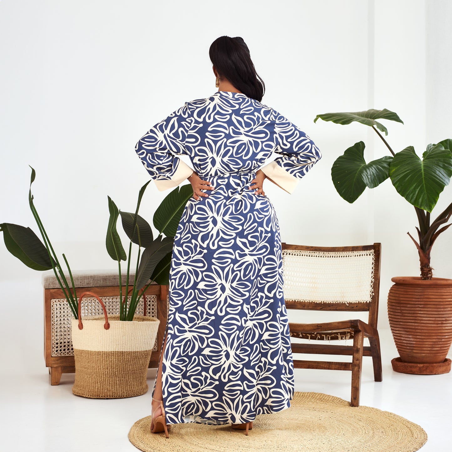 Nia Blue Floral Maxi Dress with Contrast Trim