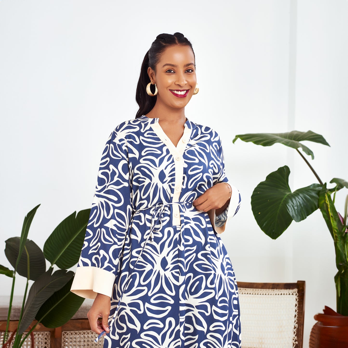 Nia Blue Floral Maxi Dress with Contrast Trim