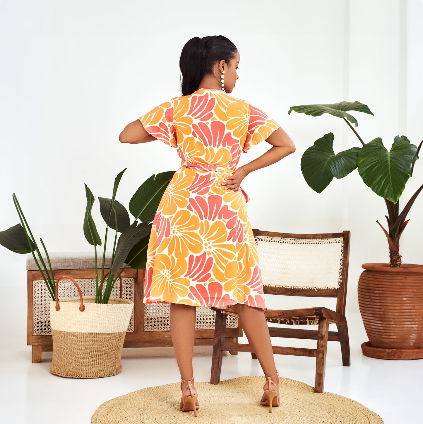 Nia Floral Print Wrap Short Dress - Soft Yellow/Pink