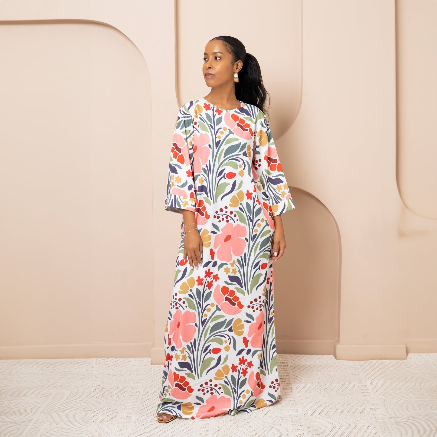 Nia Round Neck Belted Maxi Dress - Petal Bloom
