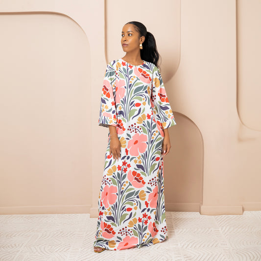 Nia Round Neck Belted Maxi Dress - Petal Bloom