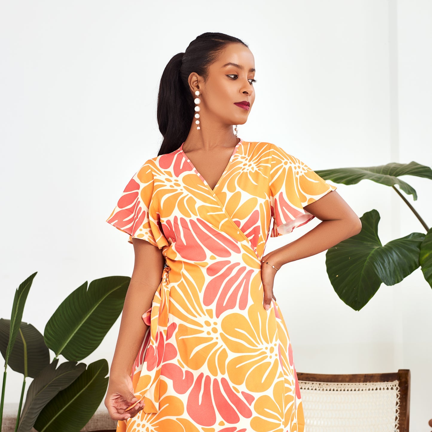 Nia Floral Print Wrap Short Dress - Soft Yellow/Pink