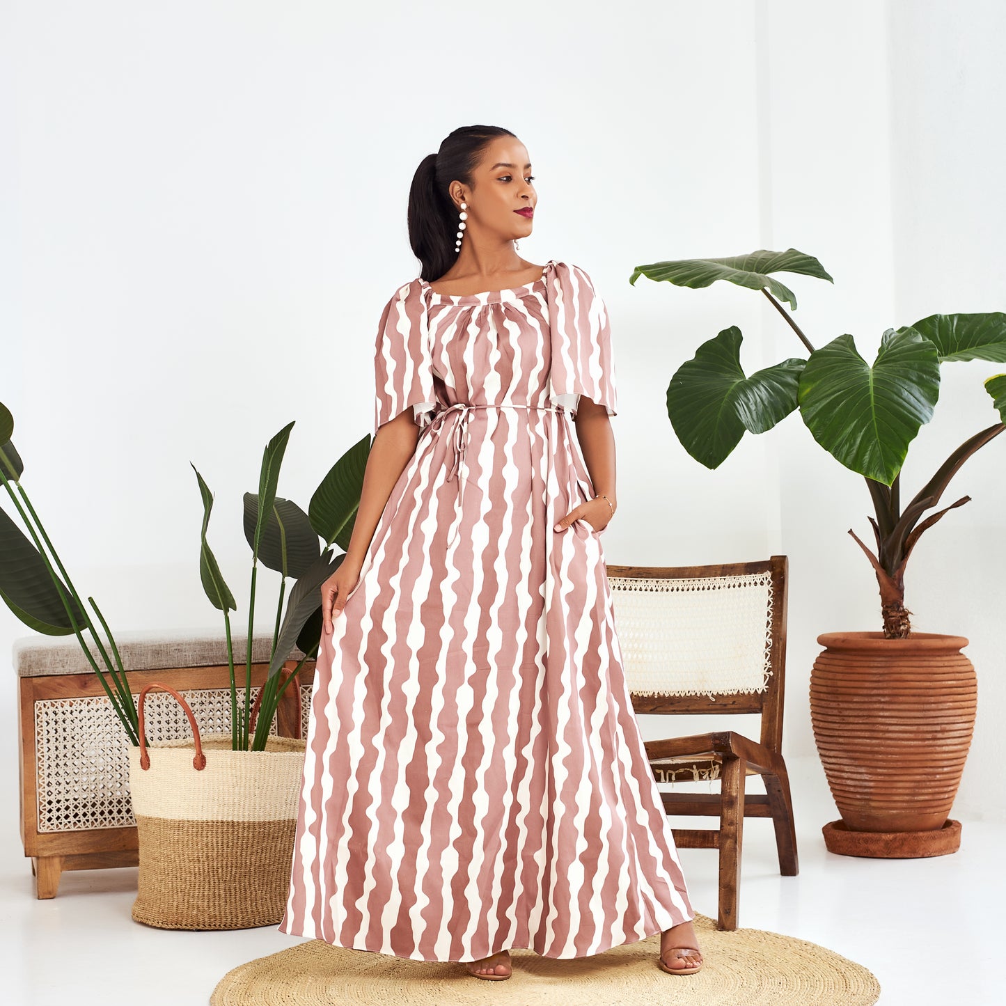 Nia Brown Striped Bell Sleeve Maxi Dress