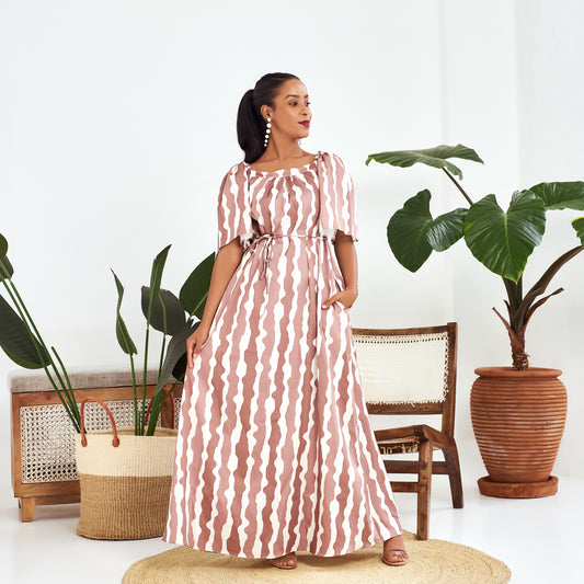 Nia Brown Striped Bell Sleeve Maxi Dress
