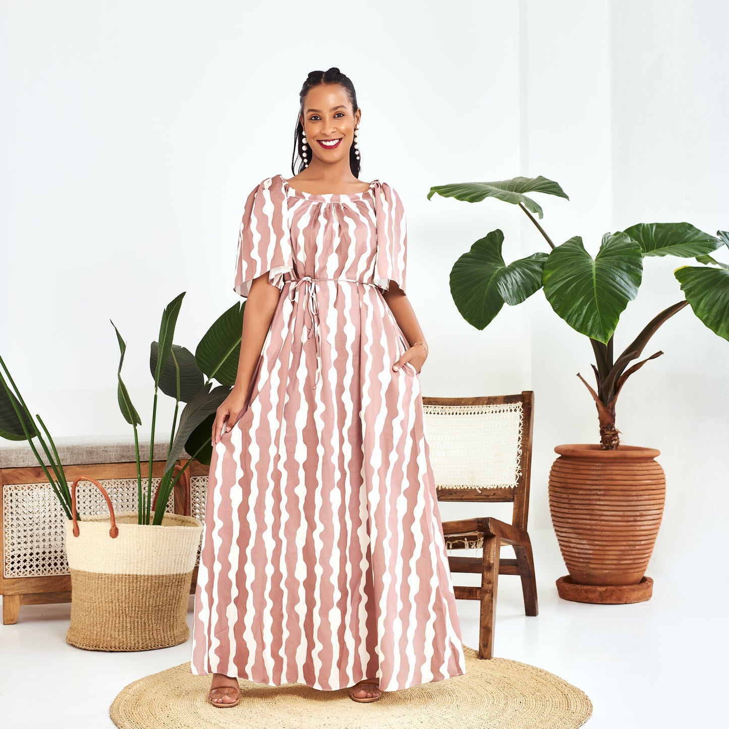Nia Brown Striped Bell Sleeve Maxi Dress
