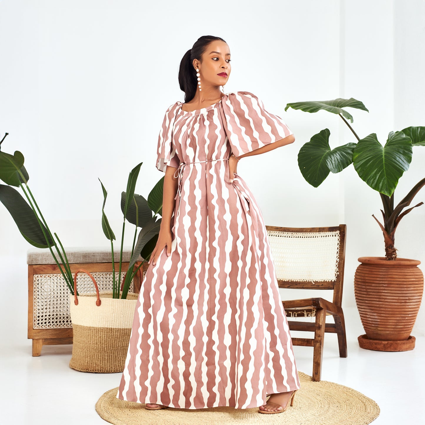 Nia Brown Striped Bell Sleeve Maxi Dress