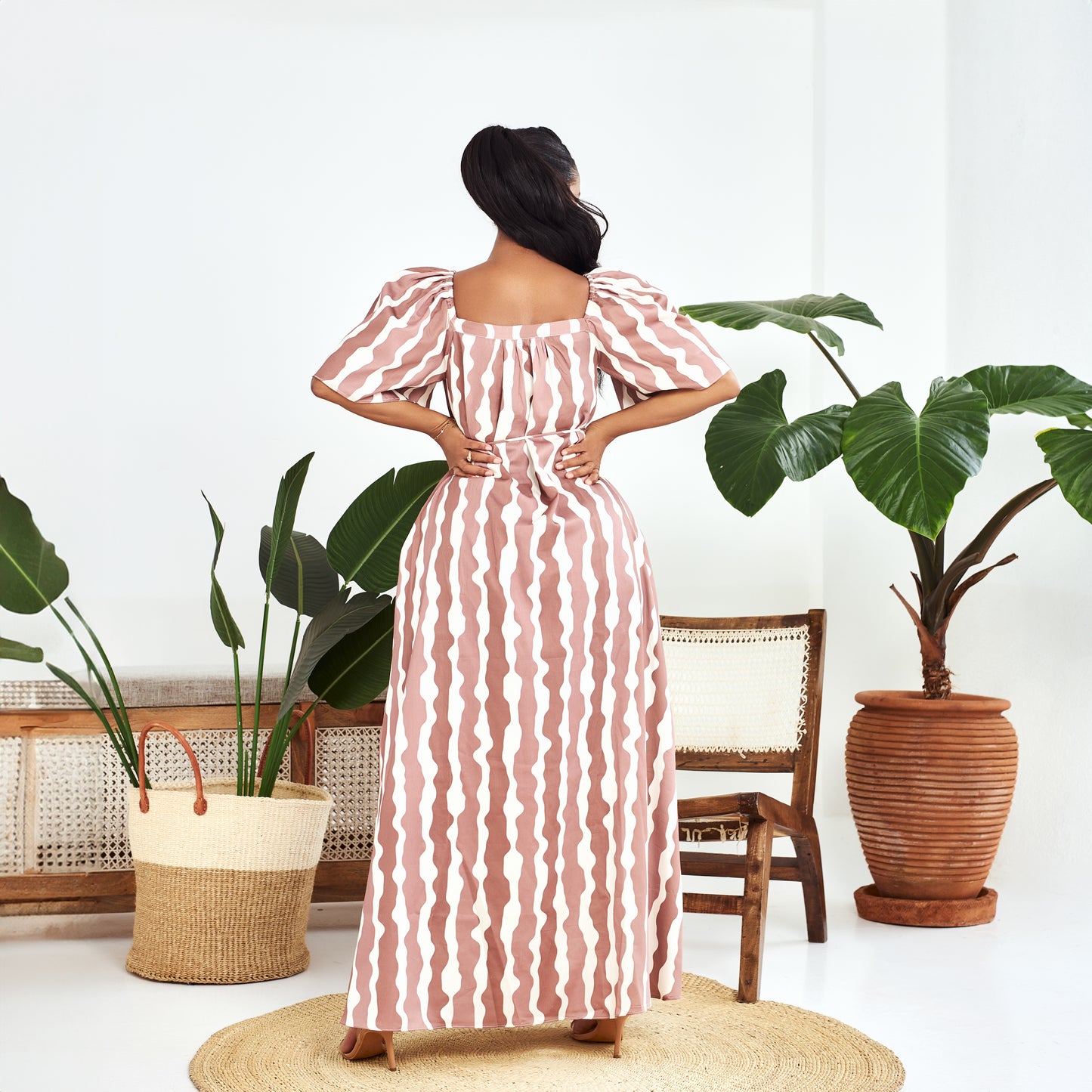 Nia Brown Striped Bell Sleeve Maxi Dress