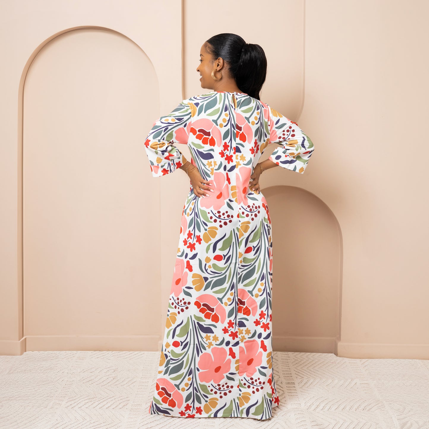 Nia Round Neck Belted Maxi Dress - Petal Bloom