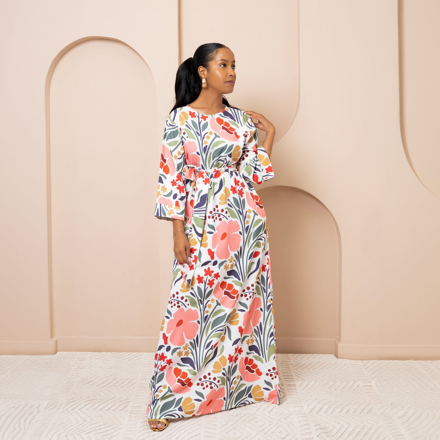 Nia Round Neck Belted Maxi Dress - Petal Bloom