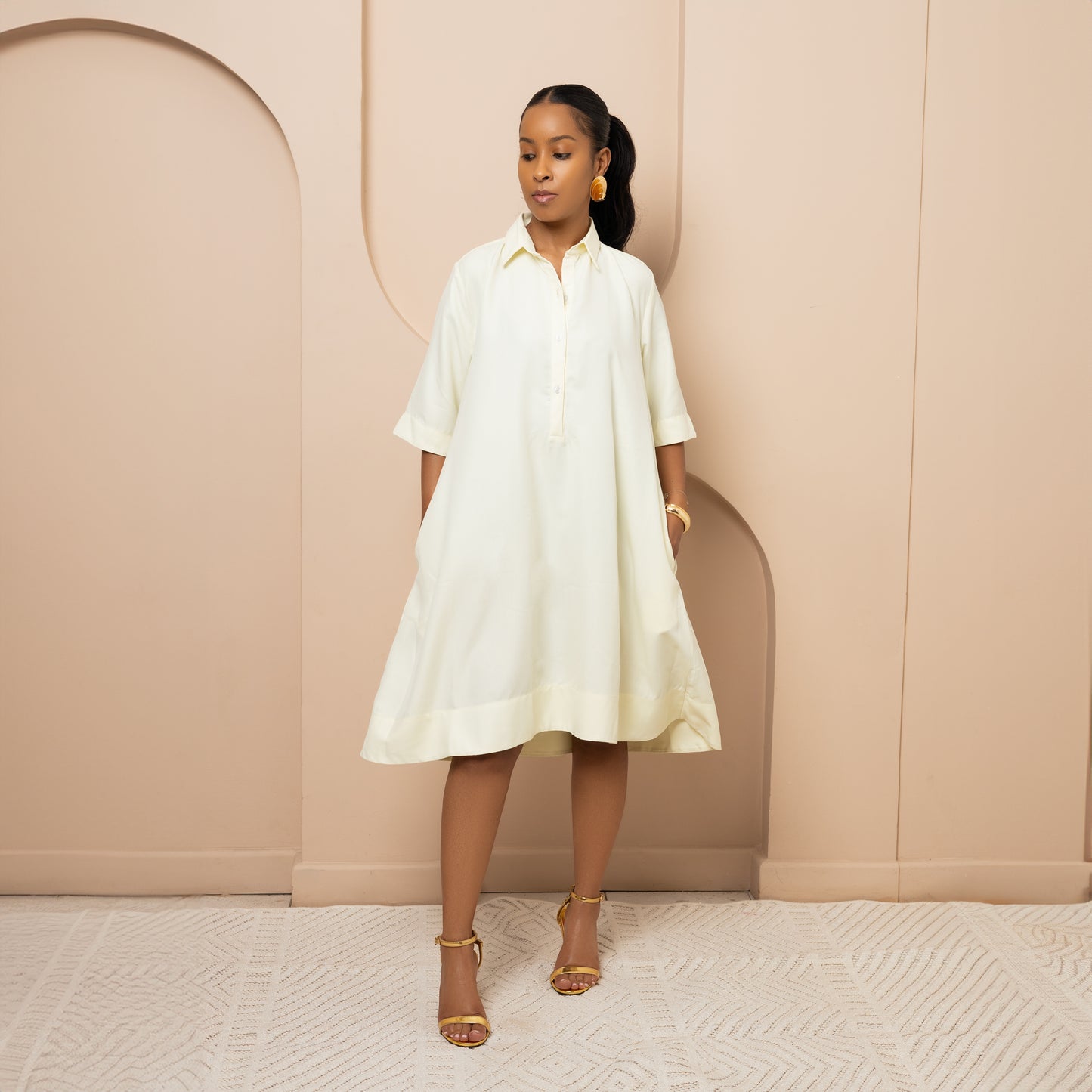 Short Sleeve Cotton Tent Dress - Butter Cream