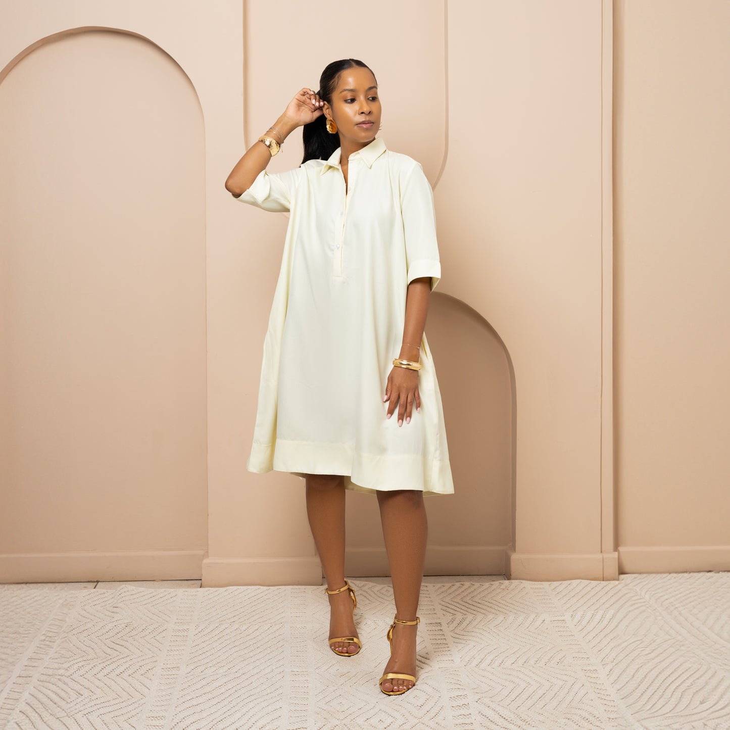 Short Sleeve Cotton Tent Dress - Butter Cream
