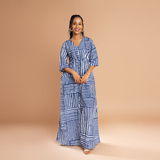 Nia 3/4 Sleeve Front Slit Maxi - Blue Mixed Stripe