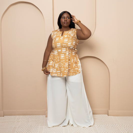 Nia Mustard Sleeveless Top with Side Ties + Ultra Flowy Wide Leg Pants