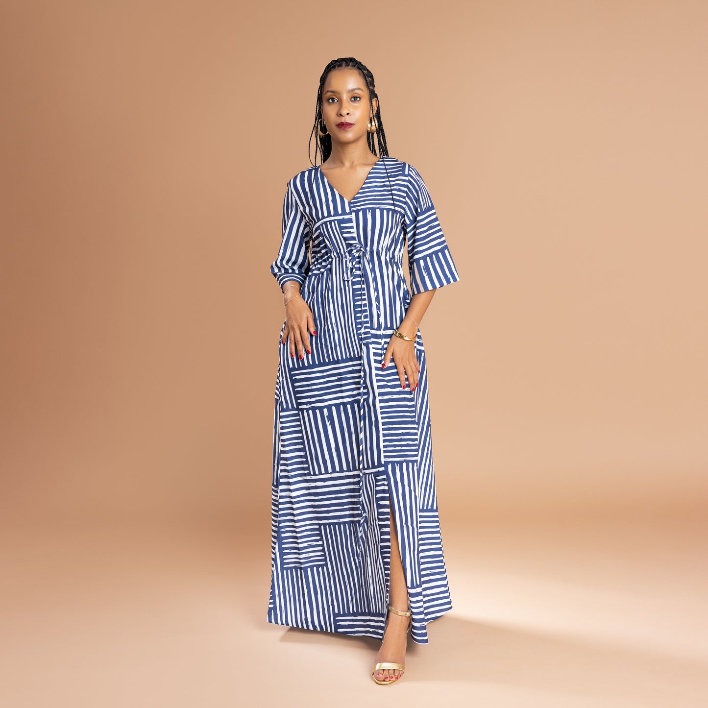 Nia 3/4 Sleeve Front Slit Maxi - Blue Mixed Stripe