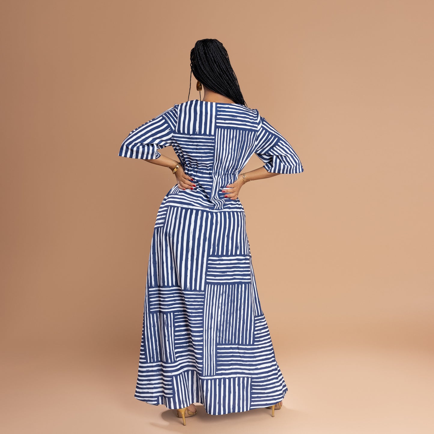 Nia 3/4 Sleeve Front Slit Maxi - Blue Mixed Stripe
